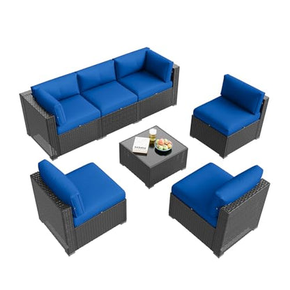 Aoxun Patio Furniture Set, 7 Piece Outdoor Sectional Sofas with Think Cushions, Wicker Rattan Outdoor Furniture Patio Conversation Set for Backyard, Garden Navy Blue