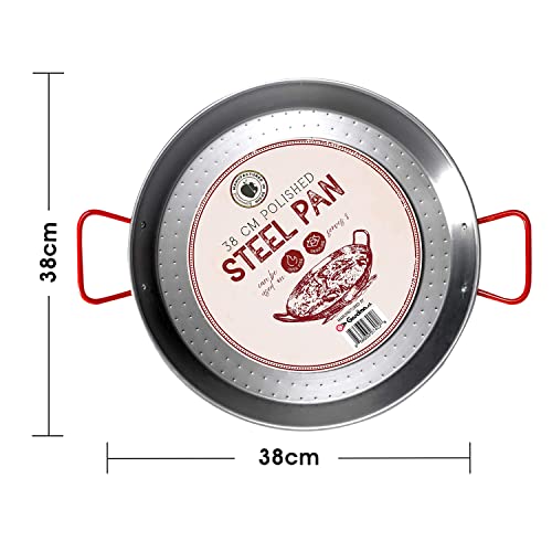 Gourmanity 15 inch Carbon Steel Paella Pan, 38cm Polished Steel Large Skillet From Spain, Great for Paella Parties Indoors, Outdoors, Camping & More, Imported Spanish Paellera, Made by Garcima