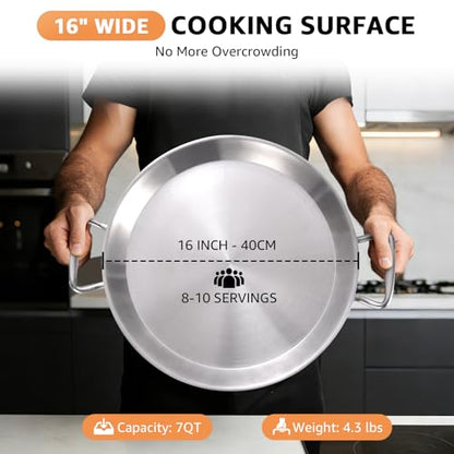 LOLYKITCH 16 Inch Tri-ply Stainless Steel Paella Pan, Detachable Handle Skillet, Induction Compatible Flat Bottom, Rust Proof & Warp Resistant, Large Oven Safe Cookware for Family of 8-10