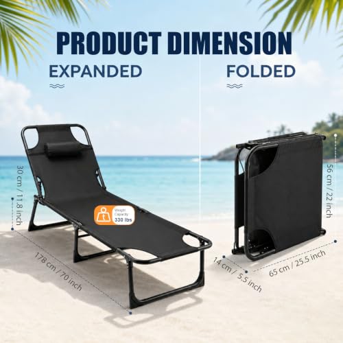 Foldable Camping Cot Reclining Lounge Chair with Pillow, 330 lbs Heavy Duty