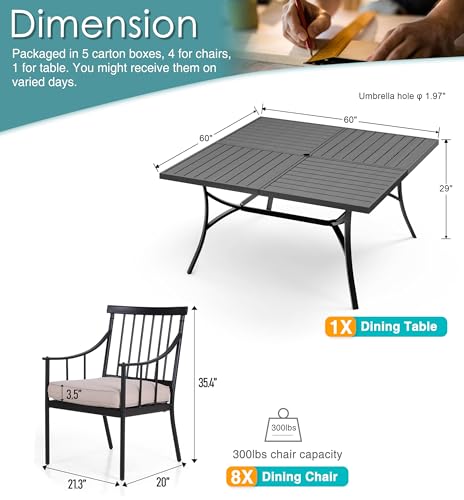PHI VILLA 9 Pieces Outdoor Dining Set for 8, 60” Square Wrought Iron Dining Table & Heavy-Duty Steel Chairs with Cushions, Large Dining Furniture Set for Patio, Deck, Yard, Porch