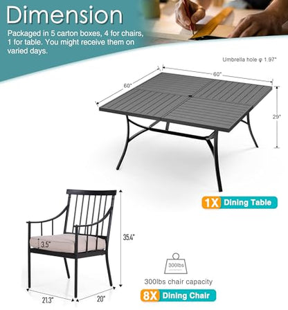 PHI VILLA 9 Pieces Outdoor Dining Set for 8, 60” Square Wrought Iron Dining Table & Heavy-Duty Steel Chairs with Cushions, Large Dining Furniture Set for Patio, Deck, Yard, Porch