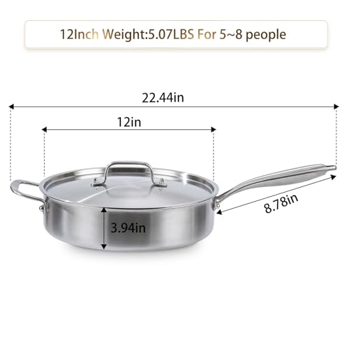 DELARLO 7QT Saute Pan Jumbo Cooker 5 Ply Stainless Steel Pan, 12Inch Deep Frying Pan with Steel cover, Kitchen Large Skillet,Heavy Duty Style Compatible With All Cooktops Up to 650℉