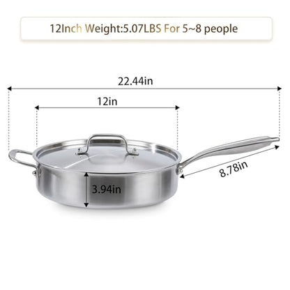 DELARLO 7QT Saute Pan Jumbo Cooker 5 Ply Stainless Steel Pan, 12Inch Deep Frying Pan with Steel cover, Kitchen Large Skillet,Heavy Duty Style Compatible With All Cooktops Up to 650℉