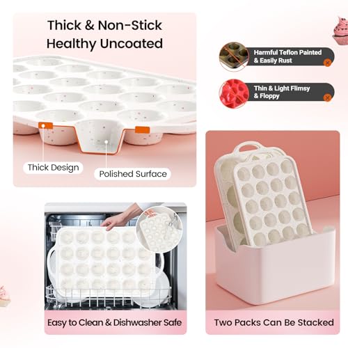 Fimary Silicone Mini Muffin Pan With Metal Reinforced Frame - 24 Cups Durable Silicone Cupcake Pan for Muffin, Cupcakes, BPA Free and Dishwasher Safe - 1 Piece Beige with Rainbow Spots