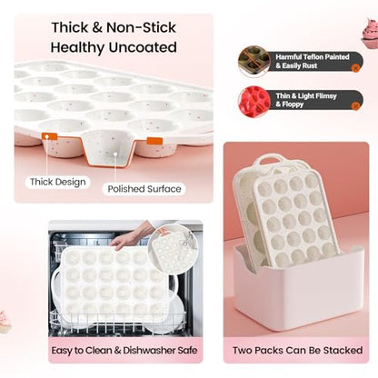 Fimary Silicone Mini Muffin Pan With Metal Reinforced Frame - 24 Cups Durable Silicone Cupcake Pan for Muffin, Cupcakes, BPA Free and Dishwasher Safe - 1 Piece Beige with Rainbow Spots