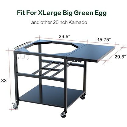 Outdoor Grill Table Cart for XLarge Big Green Egg Accessories, Heavy Duty Metal Rolling BGE Cart with 3 inch Casters, Sturdy Side Table, Hooks, Prefect for Spring BBQ with XL Big Green Egg Stand