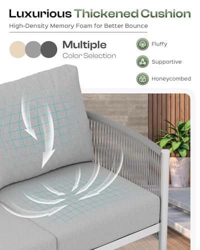 Oasbira Aluminum Outdoor Patio Furniture Set with Dual-Layer Coffee Table, 5 Piece Modern Patio Conversation Sets with PE Rope, Outdoor Sectional Sofa with Thick Cushions for Balcony, Deck, Silver