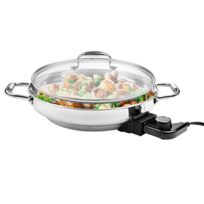 CucinaPro Electric Skillet, 18/10 Stainless Steel Pan, Tempered Glass Lid