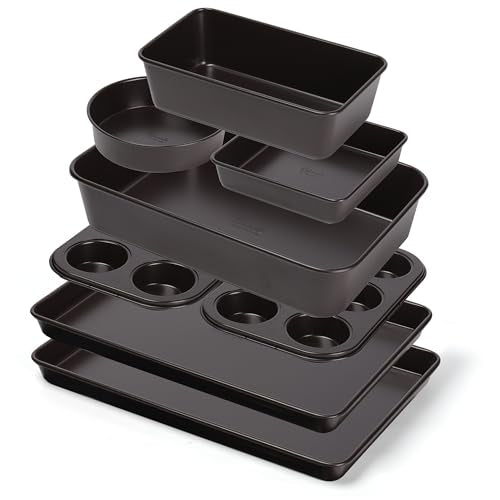 Nonstick Bakeware Set 8 Piece - Stackable Baking Pan Set, Oven safe 450°F, Carbon Steel Baking Set with Muffin, Loaf, Cookie Sheets & Roaster, Easy Storage, BPA-Free (Dark Brown)