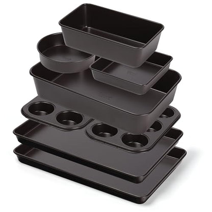 Nonstick Bakeware Set 8 Piece - Stackable Baking Pan Set, Oven safe 450°F, Carbon Steel Baking Set with Muffin, Loaf, Cookie Sheets & Roaster, Easy Storage, BPA-Free (Dark Brown)