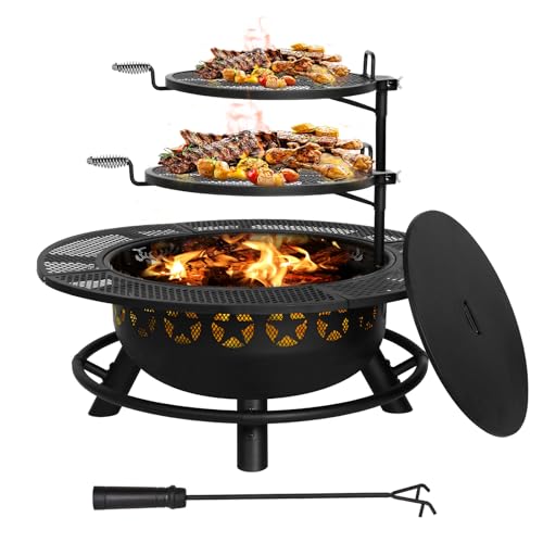 Hykolity 35 Inch Fire Pit with 2 Cooking Grate & Charcoal Pan, Outdoor Wood Burning BBQ Grill Firepit Bowl with Cover Lid, Steel Round Table for Backyard Bonfire Patio Picnic