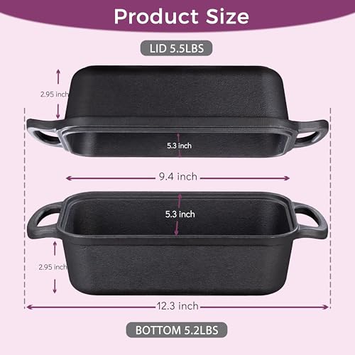 Vanderlume Cast Iron Loaf Pan with Lid 9x5 Inch, 2 in 1 Loaf Pans for Baking Bread, Even Heat Distribution for Sourdough, Homemade Bread