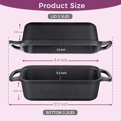 Vanderlume Cast Iron Loaf Pan with Lid 9x5 Inch, 2 in 1 Loaf Pans for Baking Bread, Even Heat Distribution for Sourdough, Homemade Bread