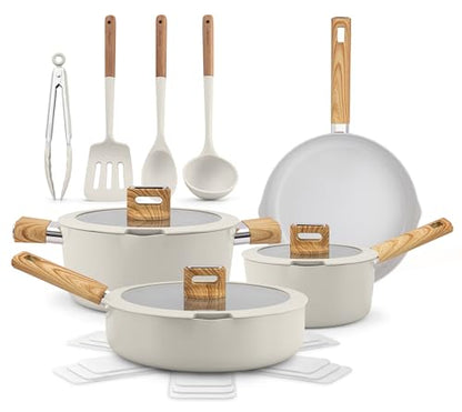 NutriChef Ceramic Cookware Set with Cooking Utensils, 14-Piece Nonstick Cookware Set with Glass Lids, Compatible with All Cooktops, Heat-Resistant Handles and Stylish Finish (Beige)