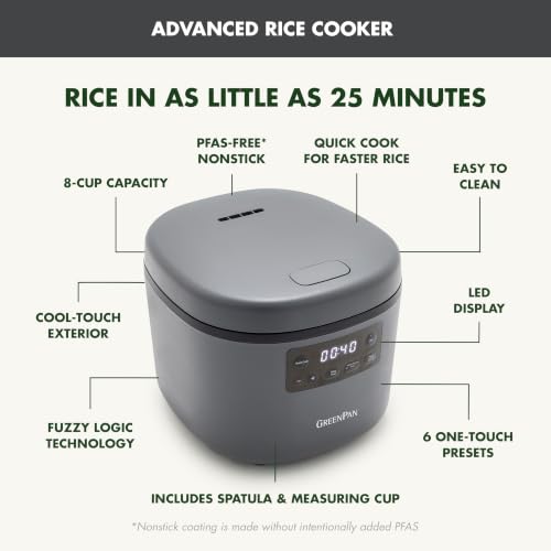 GreenPan Advanced Rice Cooker, 4-Cups Uncooked/8-Cups Cooked, Graphite