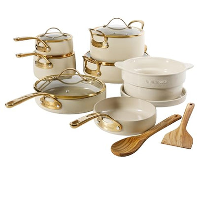 Bloomhouse - Two Time Oprah's Favorite Things Winner - 15 Piece Pots and Pans Heavy Duty Aluminum Premium PFA Free Ceramic Nonstick Cookware Set - Almond Cream w/Gold Handle