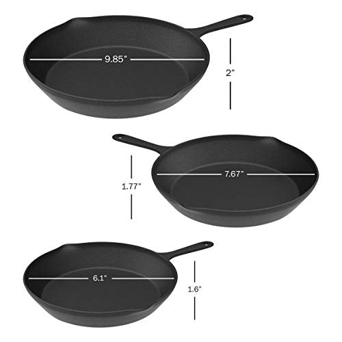 Pre Seasoned Cast Iron Skillets - 3 Pan Set - 9 inches, 8 inches, 6 inches - 1.5 to 2 inches deep - Durable with Strong Handle - Great for both veggies and meat