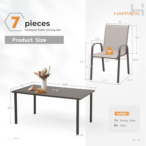 HAPPATIO Outdoor Patio Dining Set, 6 Quick Dry Textilene Dining Chairs and Dining Table with Umbrella Hole, Stackable Textilene Chairs for Garden, Patio and Poolside Backyard, Grey