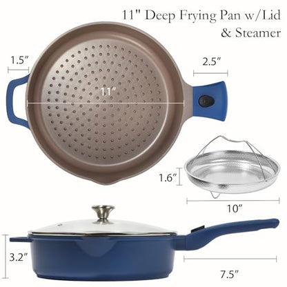ESLITE LIFE Nonstick Always Pan with Lid, 11 Inch(4.5 Qt) Deep Frying Skillet Sauté Pan, Safe for Oven, Induction & All Cooktops, PTFE & PFOA Free (Blue Granite, 11" w/Lid & Steamer)