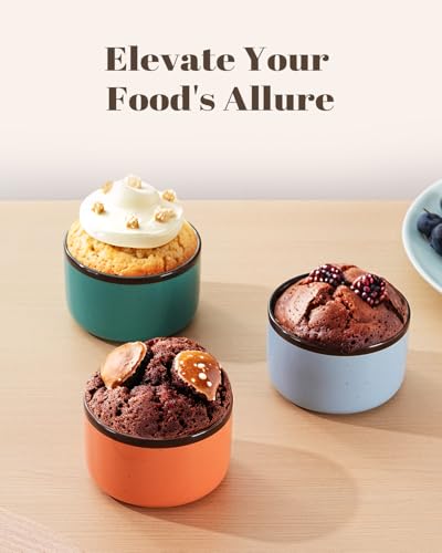 Juimma Ramekins 6 oz, Creme Brulee Ramekins Oven Safe, Ramiken Small Bowls Ceramic Baking Dishes for Pudding Custard, Dipping Sauce Cups for Souffle Ice Cream, Set of 6, Morandi Color