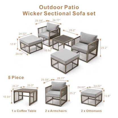 5 Piece Outdoor Small Patio Furniture Set, Wicker Sectional Furniture Set
