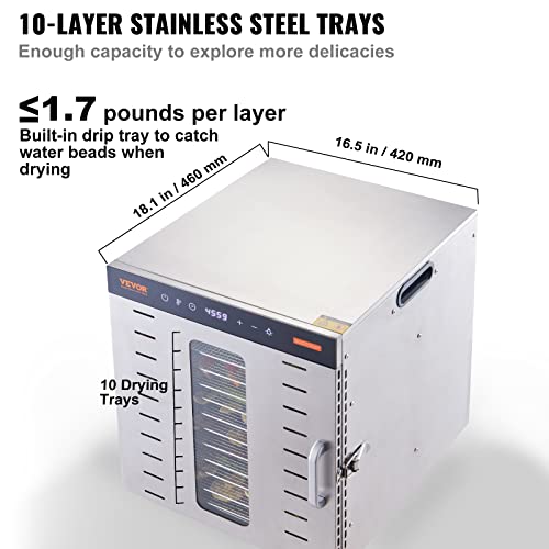 VEVOR Food Dehydrator, 10 Trays Stainless Steel Food Dehydrator Machine, 1000W Dehydrators with Digital Adjustable Timer & Temp, Dehydrator for Jerky Herb Meat Beef Fruit Dog Treats and Vegetables