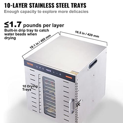 VEVOR Food Dehydrator, 10 Trays Stainless Steel Food Dehydrator Machine, 1000W Dehydrators with Digital Adjustable Timer & Temp, Dehydrator for Jerky Herb Meat Beef Fruit Dog Treats and Vegetables