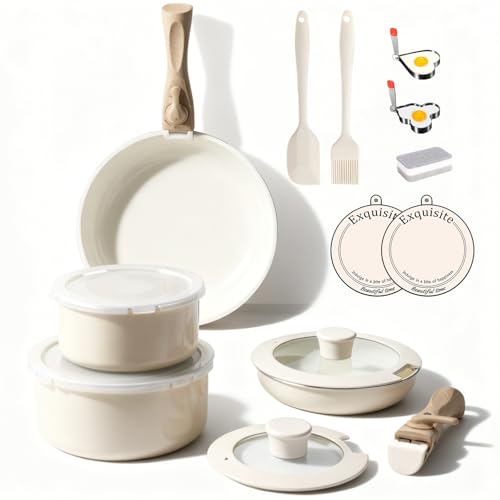 Heapsion 18-Piece Ceramic Nonstick Cookware Set, PFAS/PFOA/PTFE-Free & Non-Toxic Pots and Pans Set with Detachable Handles, Dishwasher Safe & Induction Compatible for Kitchen & RV Cooking