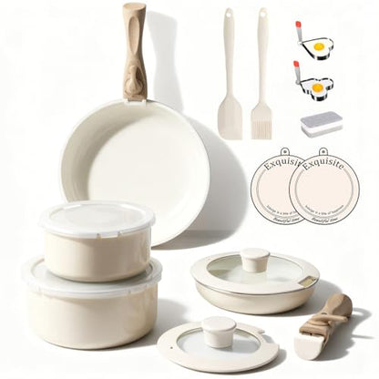 Heapsion 18-Piece Ceramic Nonstick Cookware Set, PFAS/PFOA/PTFE-Free & Non-Toxic Pots and Pans Set with Detachable Handles, Dishwasher Safe & Induction Compatible for Kitchen & RV Cooking