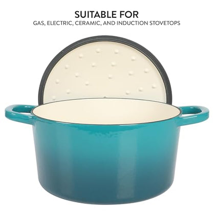 Crock Pot Artisan 6-Quart Round European Enameled Cast Iron Dutch Oven Pot With Lid -Teal Ombre