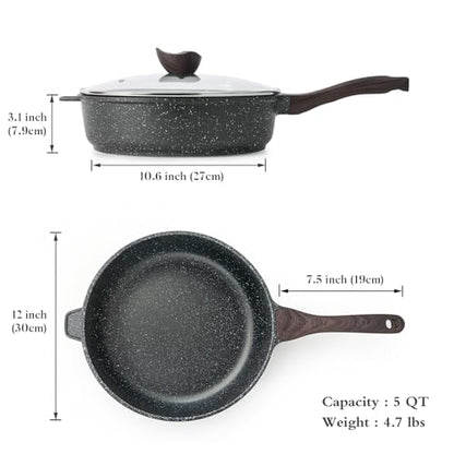 Kordisen Nonstick Deep Frying Pan with Lid, 12 Inch Large Skillet, 5 Qt Non Stick Saute Pan for Cooking, Healthy Induction Cookware, PFOA Free