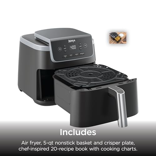 Ninja Air Fryer with Air Crisp | 5 QT Capacity fits up to 4lbs of Fries | 4-in-1 Pro Air Fry, Roast, Reheat, Dehydrate | 400°F Max Temp | 1750 Watts | W/Nonstick Basket & Crisper Plate | Grey | AF141