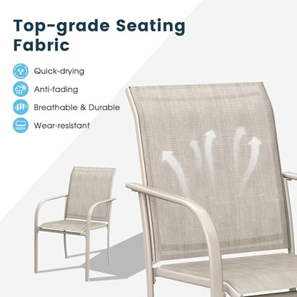 VOXBIN 9 Pieces Patio Dining Set, 71" Rectangular Dining Table with Umbrella Hole, 8 Stackable Textilene Fabric Chairs, Metal Structure for Patio, Porch, Garden(Sand Table, Sand Chair)
