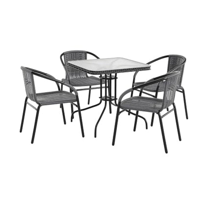 Flash Furniture 5-Piece 28" Square Indoor/Outdoor Patio Table and Chairs Set, Glass Metal Bistro Table and 4 Stacking Rattan Chairs, Gray