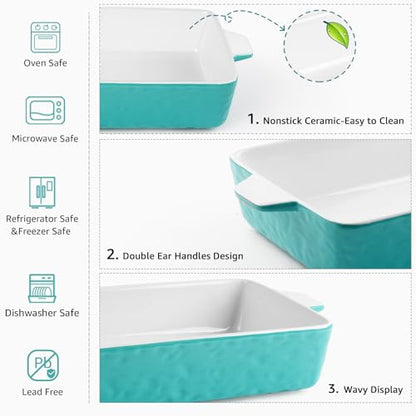 Krokori 4 QT Baking Dish, Casserole Dishes for Oven, 9x13 Baking Pan with Handles, Lasagna Pan Deep, Ceramic Casserole Dish Oven Safe for Baking, Lasagna, Kitchen, Wedding Gift (Aquamarine)