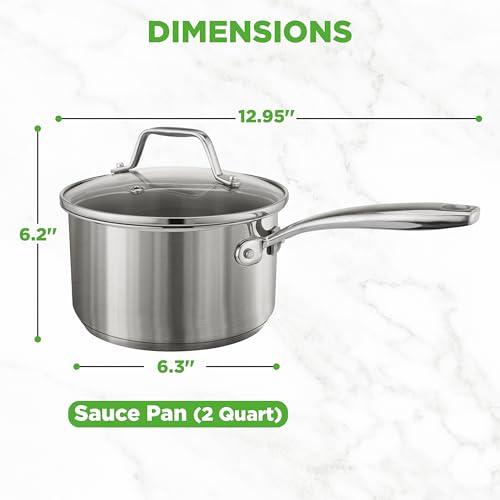 NutriChef 2 Quart Stainless Steel Saucepan with Lid - Heavy Duty Pot with Ergonomic Handles, For All Cooktops