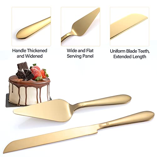Eisinly Cake Cutting Set for Wedding, Elegant Cake Knife and Server Set with Thickened Stainless Steel Rounded Edges, Cake Cutter Pie Spatula for Birthday Anniversary, 2 Pcs, Gold