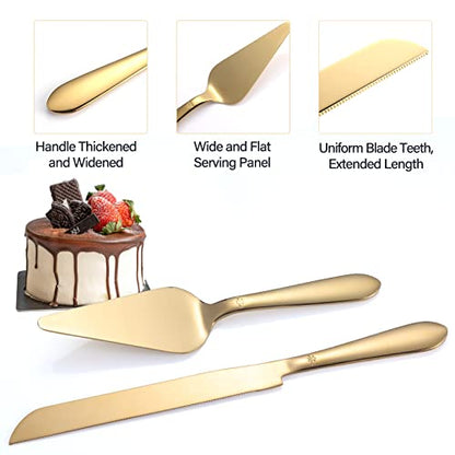 Eisinly Cake Cutting Set for Wedding, Elegant Cake Knife and Server Set with Thickened Stainless Steel Rounded Edges, Cake Cutter Pie Spatula for Birthday Anniversary, 2 Pcs, Gold