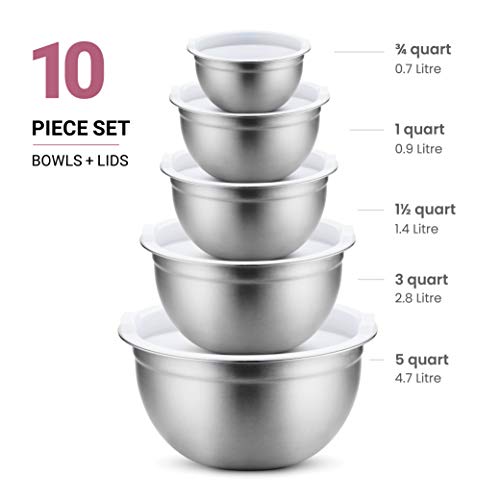 FineDine Stainless Steel Mixing Bowls Set with Lids, Home Kitchen Cooking Essentials Household Must Haves for Baking, 5 Pieces