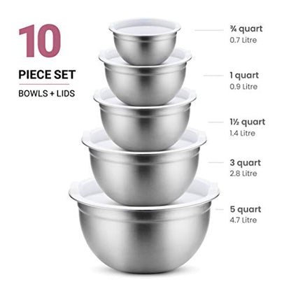 FineDine Stainless Steel Mixing Bowls Set with Lids, Home Kitchen Cooking Essentials Household Must Haves for Baking, 5 Pieces