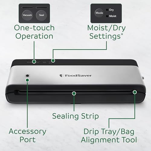 FoodSaver PowerVac Compact Vacuum Sealing Machine Stainless Steel & Black Vertical Storage VS0150 | Preserves freshness reduces bag waste for both dry and wet food