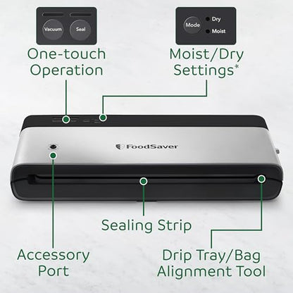 FoodSaver PowerVac Compact Vacuum Sealing Machine Stainless Steel & Black Vertical Storage VS0150 | Preserves freshness reduces bag waste for both dry and wet food