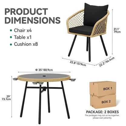 YITAHOME Outdoor Dining Set with Umbralle Hole, 5pcs Rattan Patio Dining Set for 4 with Cup Holders Soft Cushions and Glass Top Dining Table for Patio, Backyard, Garden, Bacony, Light Brown & Black