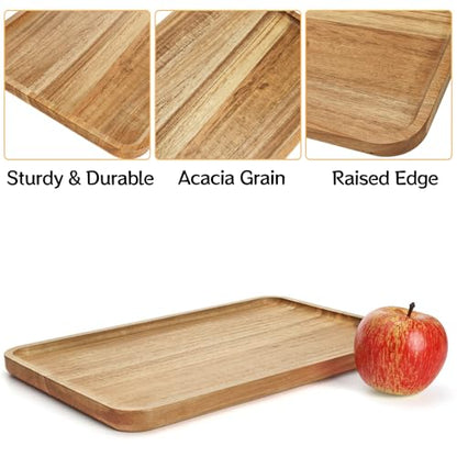 YOUEON Set of 2 Acacia Wood Serving Tray with Raised Edge, 14.2 x 9.5 Inch Rectangular Serving Tray, Appetizer Cheese Plate, Sandwich Dessert Trays, Wood Plates for Food, Coffee, Fruit, Cookie