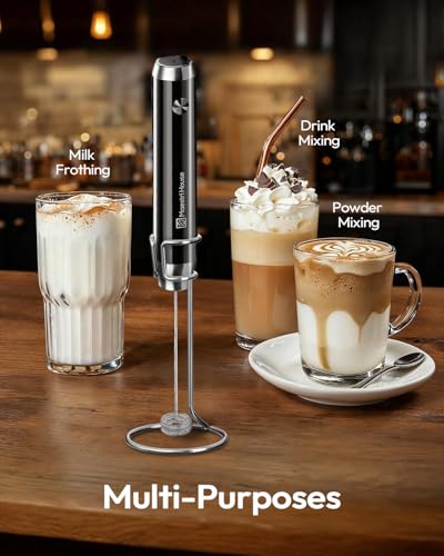 Maestri House Rechargeable Milk Frother with Stand, LunaFro Handheld Electric Foam Maker Waterproof Detachable Stainless Steel Whisk Drink Mixer Foamer for Lattes, Cappuccino