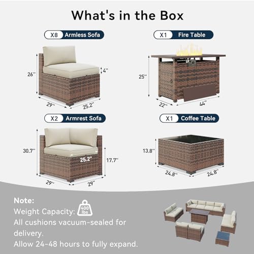 LazySunsets 12 Piece Outdoor Patio Furniture Set with 44'' Fire Pit Table, Outdoor Patio Furniture Sets with 4'' Thicken Cushion, Wicker Rattan Outdoor Conversation Set for Backyard & Garden, Beige