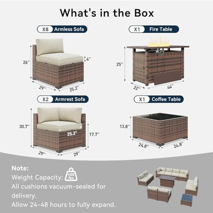 LazySunsets 12 Piece Outdoor Patio Furniture Set with 44'' Fire Pit Table, Outdoor Patio Furniture Sets with 4'' Thicken Cushion, Wicker Rattan Outdoor Conversation Set for Backyard & Garden, Beige
