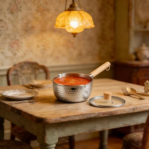 2 Quart Sauce Pan with Lid, Stainless Steel Saucepan with Dual Pour Spouts, Small Sauce Pot with Cool-Touch Wood Handle