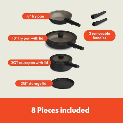 bella 8 Piece Removable Handle Cookware Set, Fits-anywhere™ Kitchenware w EverGood™ Ceramic Nonstick Coating, Dishwasher & Oven Safe, All Stovetops Compatible, Glass Lids with Silicone Rims, Black